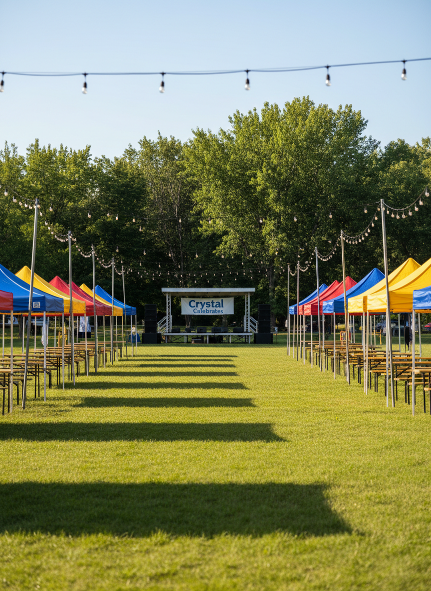 A vibrant photographic scene of a Crystal, Minnesota community festival space set up in a city park, but shown without people, just the environment ready for activity. Colorful canvas tents in deep blues, reds, and yellows form a neat row along a wide grassy field, with wooden vendor tables neatly arranged beneath them. String lights are hung overhead between metal poles, unlit in the late afternoon but adding a festive touch. In the background, a small outdoor stage with black speakers and a simple banner reading “Crystal Celebrates” stands against a backdrop of tall green trees. Clear, bright sunlight casts crisp, natural shadows and makes the tent colors pop. Captured from a slightly wide, eye-level perspective, the image feels energetic and anticipatory, reflecting Crystal’s active events scene.