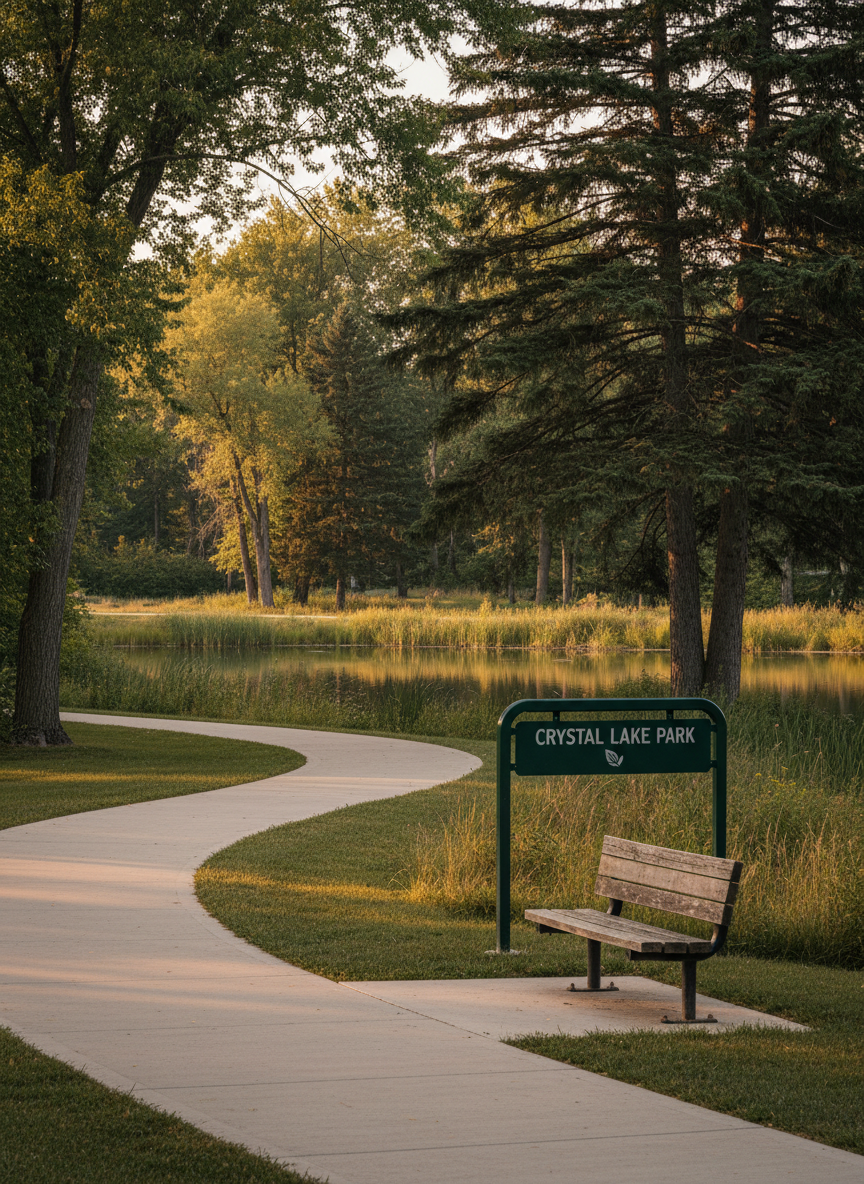A serene photographic scene of a Crystal, Minnesota neighborhood park at golden hour, featuring a smooth, curved walking path of pale concrete winding past a tranquil pond ringed with reeds and native grasses. Tall evergreens and leafy deciduous trees form a natural canopy, their reflections shimmering on the calm water. A modern, dark-green metal park sign with the park’s name stands near a wooden bench, weathered just enough to show character. Warm, low sunlight filters through branches, creating dappled light patterns on the path and a soft glow on the water’s surface. Shot from a slightly elevated angle with deep focus, the image feels peaceful and inviting, emphasizing Crystal’s abundance of green space and outdoor recreation.