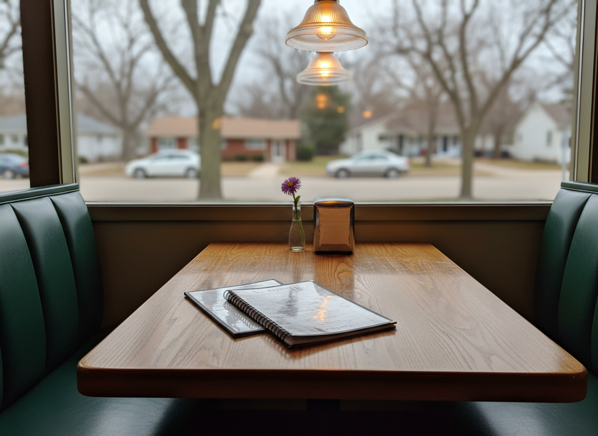 A richly detailed photographic interior of a cozy Crystal, Minnesota restaurant booth, focusing on a polished, honey-toned wooden table with subtle grain patterns and a slightly worn edge that hints at many shared meals. A pair of dark green vinyl booth seats frame the table, their surfaces softly gleaming under warm pendant lights hanging above. On the table sit neatly arranged menus, a small glass vase with a single seasonal flower, and a classic chrome napkin dispenser. Through a large window in the background, a faint view of a quiet Crystal street and trees is softly out of focus. The lighting is warm and inviting, with gentle shadows and highlights, composed at eye level with a shallow depth of field, capturing the intimate, welcoming dining culture of the city.