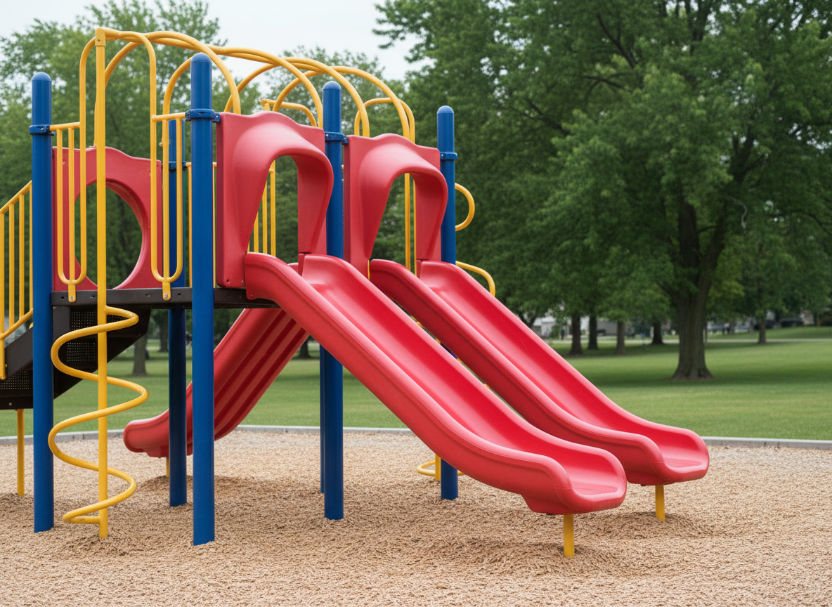 A close, photographic view of a colorful Crystal, Minnesota playground set, featuring bright cobalt-blue metal frames, vibrant red slides, and sunflower-yellow climbing bars, all with a slightly matte finish that catches the light gently. The equipment sits on a bed of finely raked wood chips, with a background of lush green grass and tall shade trees at the edge of the frame. Soft, diffused afternoon light from an overcast sky eliminates harsh shadows, creating an even, welcoming illumination. Shot at a low angle as if from ground level, the composition emphasizes the scale and structure of the playground while gently blurring the distant tree line, conveying a safe, family-friendly, and well-maintained community space in Crystal.