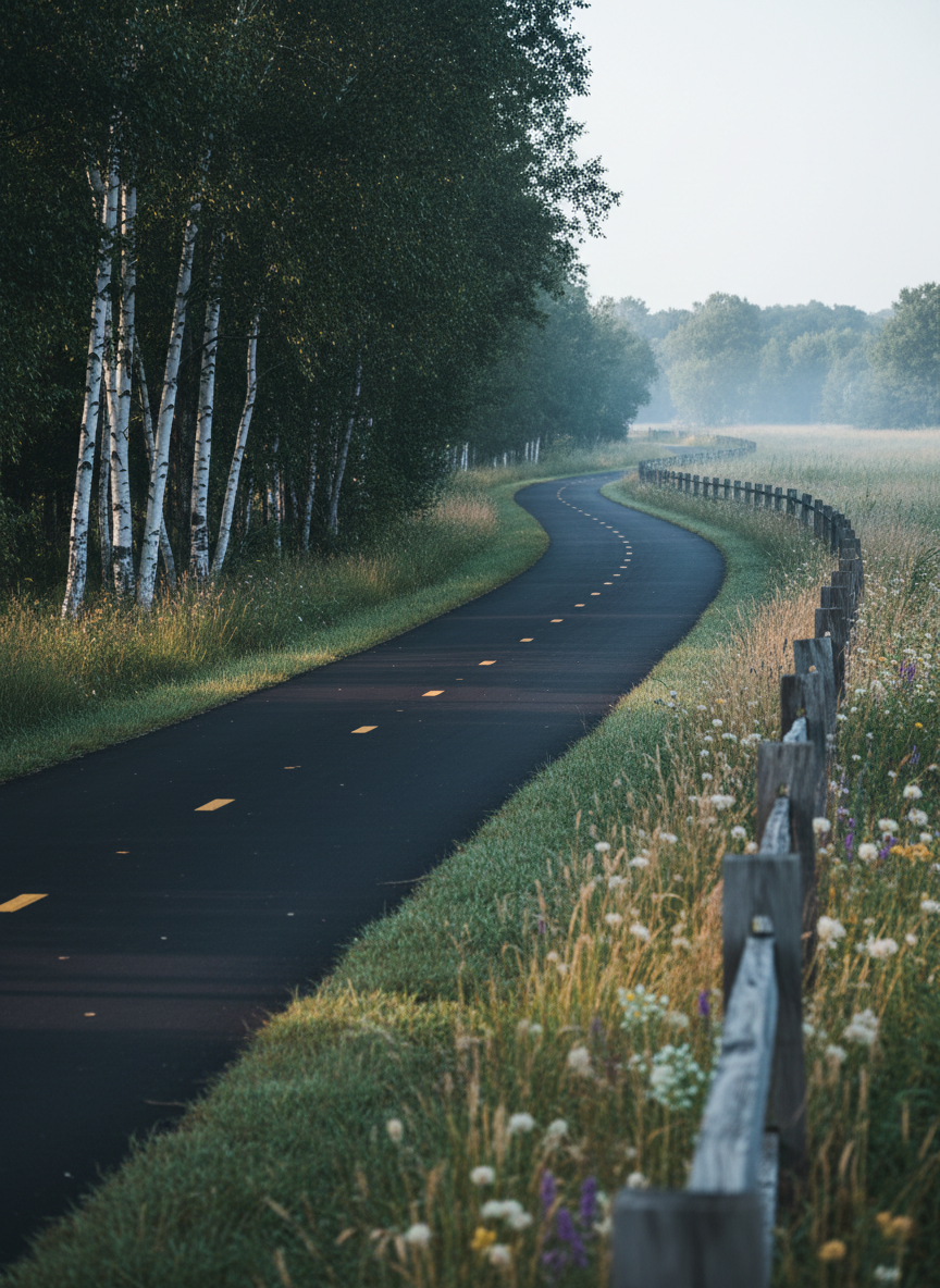A tranquil photographic view of a Crystal, Minnesota bike and walking trail extending into the distance, its smooth asphalt ribbon framed by tall prairie grasses and wildflowers in muted purples, yellows, and whites. On one side, a stand of slender birch trees with white bark contrasts against deep green foliage; on the other, a low wooden fence runs parallel to the path. Early morning light, cool and clear, creates long, soft shadows and a subtle mist in the distant background, suggesting fresh air and quiet. The composition uses leading lines of the trail to draw the eye toward the horizon, with sharp focus in the foreground and gentle softening in the distance, evoking calm exploration and Crystal’s outdoor lifestyle.